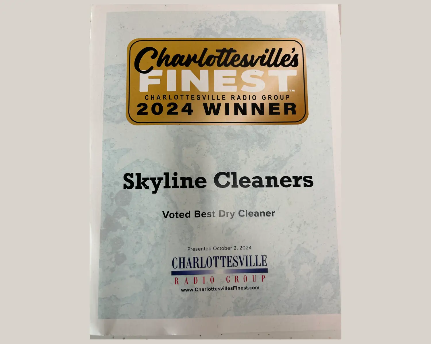 Award certificate for Skyline Cleaners, recognized as the Best Dry Cleaner in Charlottesville's Finest 2024.